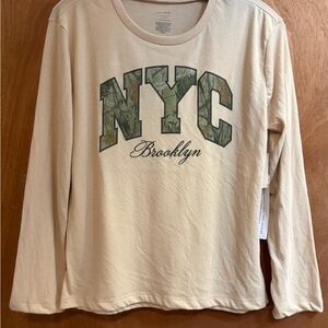 NYC Brooklyn Long Sleeve Tee in Cream with Green Graphic Ladies size 10 / 12 NWT